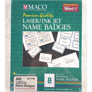 MACO Laser/Ink Jet White Name Badge Labels 2-1/3 x 3-3/8 Inches 8 Per Sheet 400